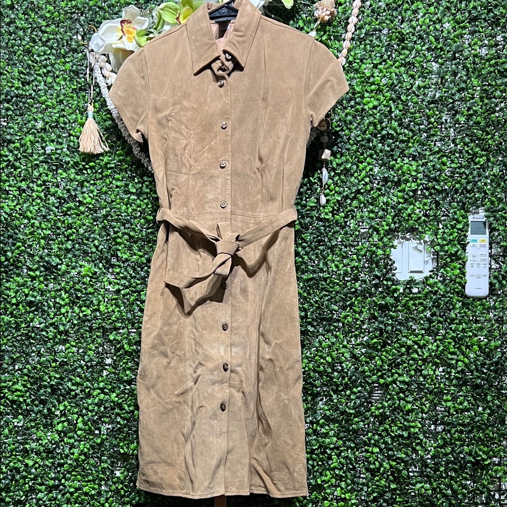 VTG Banana Republic Brown Leather Short Sleeve Midi Button Down Belted Dress-XS - Picture 1 of 6